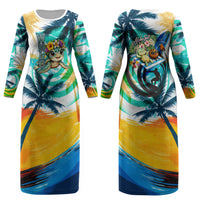 Hawaii Waimanalo Sea Turtle Couples Matching Long Sleeve Bodycon Dress and Long Sleeve Button Shirt Cute Tropical Beach Aloha Spirit Cartoon TS04 - Polynesian Pride