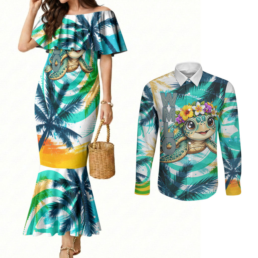 Hawaii Waimanalo Sea Turtle Couples Matching Mermaid Dress and Long Sleeve Button Shirt Cute Tropical Beach Aloha Spirit Cartoon TS04 Green Blue - Polynesian Pride