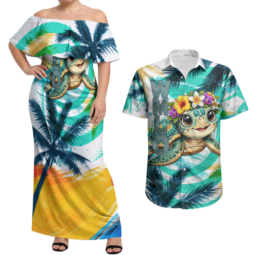 Hawaii Waimanalo Sea Turtle Couples Matching Off Shoulder Maxi Dress and Hawaiian Shirt Cute Tropical Beach Aloha Spirit Cartoon TS04 Green Blue - Polynesian Pride