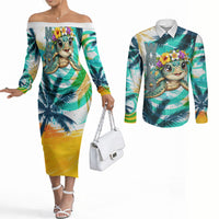 Hawaii Waimanalo Sea Turtle Couples Matching Off The Shoulder Long Sleeve Dress and Long Sleeve Button Shirt Cute Tropical Beach Aloha Spirit Cartoon TS04 Green Blue - Polynesian Pride