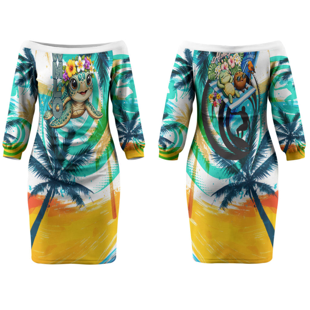 Hawaii Waimanalo Sea Turtle Couples Matching Off The Shoulder Long Sleeve Dress and Long Sleeve Button Shirt Cute Tropical Beach Aloha Spirit Cartoon TS04 - Polynesian Pride