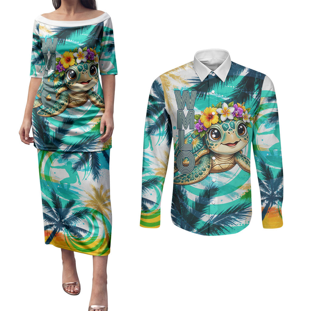 Hawaii Waimanalo Sea Turtle Couples Matching Puletasi and Long Sleeve Button Shirt Cute Tropical Beach Aloha Spirit Cartoon TS04 Green Blue - Polynesian Pride