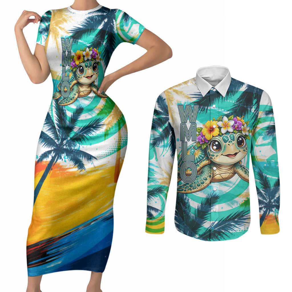 Hawaii Waimanalo Sea Turtle Couples Matching Short Sleeve Bodycon Dress and Long Sleeve Button Shirt Cute Tropical Beach Aloha Spirit Cartoon TS04 Green Blue - Polynesian Pride