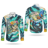 Hawaii Waimanalo Sea Turtle Couples Matching Short Sleeve Bodycon Dress and Long Sleeve Button Shirt Cute Tropical Beach Aloha Spirit Cartoon TS04 - Polynesian Pride
