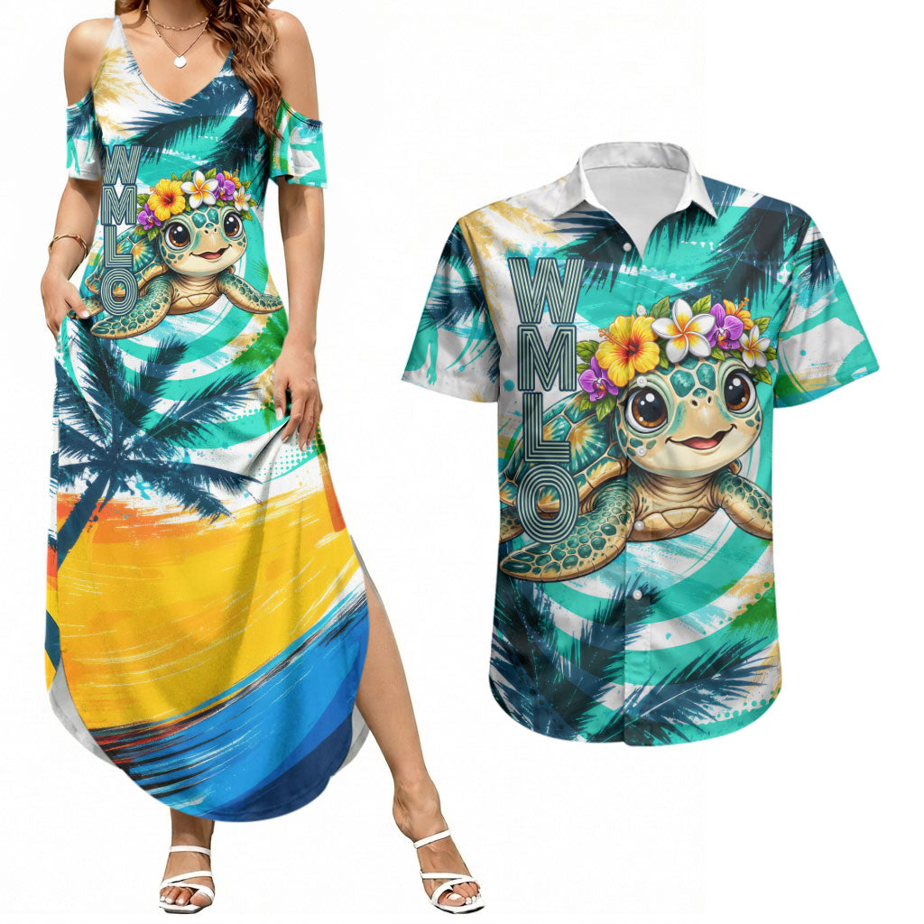 Hawaii Waimanalo Sea Turtle Couples Matching Summer Maxi Dress and Hawaiian Shirt Cute Tropical Beach Aloha Spirit Cartoon TS04 Green Blue - Polynesian Pride