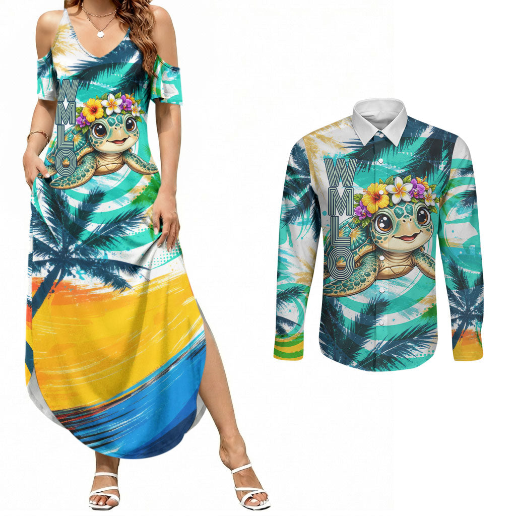 Hawaii Waimanalo Sea Turtle Couples Matching Summer Maxi Dress and Long Sleeve Button Shirt Cute Tropical Beach Aloha Spirit Cartoon TS04 Green Blue - Polynesian Pride