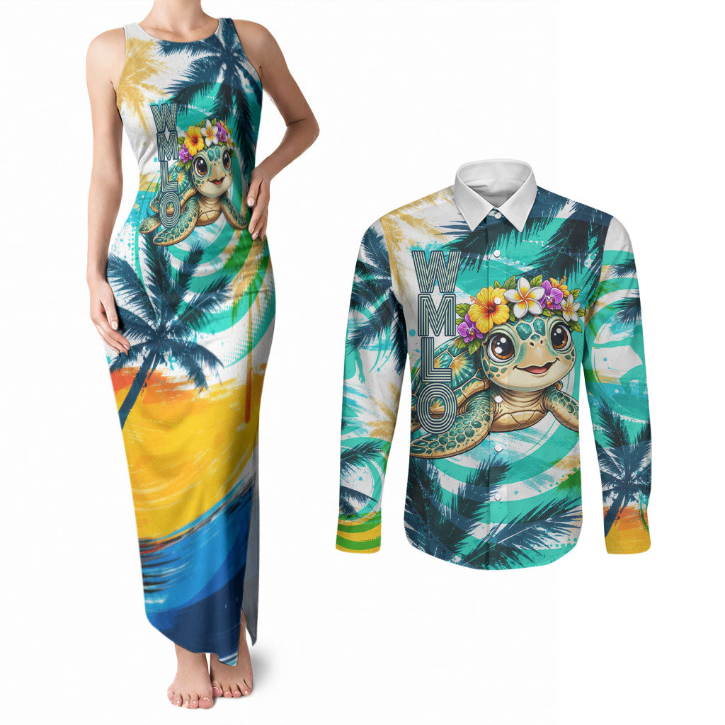 Hawaii Waimanalo Sea Turtle Couples Matching Tank Maxi Dress and Long Sleeve Button Shirt Cute Tropical Beach Aloha Spirit Cartoon TS04 Green Blue - Polynesian Pride