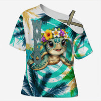 Hawaii Waimanalo Sea Turtle Cross Shoulder Shirt Cute Tropical Beach Aloha Spirit Cartoon TS04 Female Green Blue - Polynesian Pride