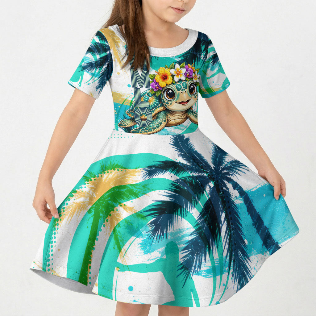 Hawaii Waimanalo Sea Turtle Kid Short Sleeve Dress Cute Tropical Beach Aloha Spirit Cartoon TS04 KID Green Blue - Polynesian Pride