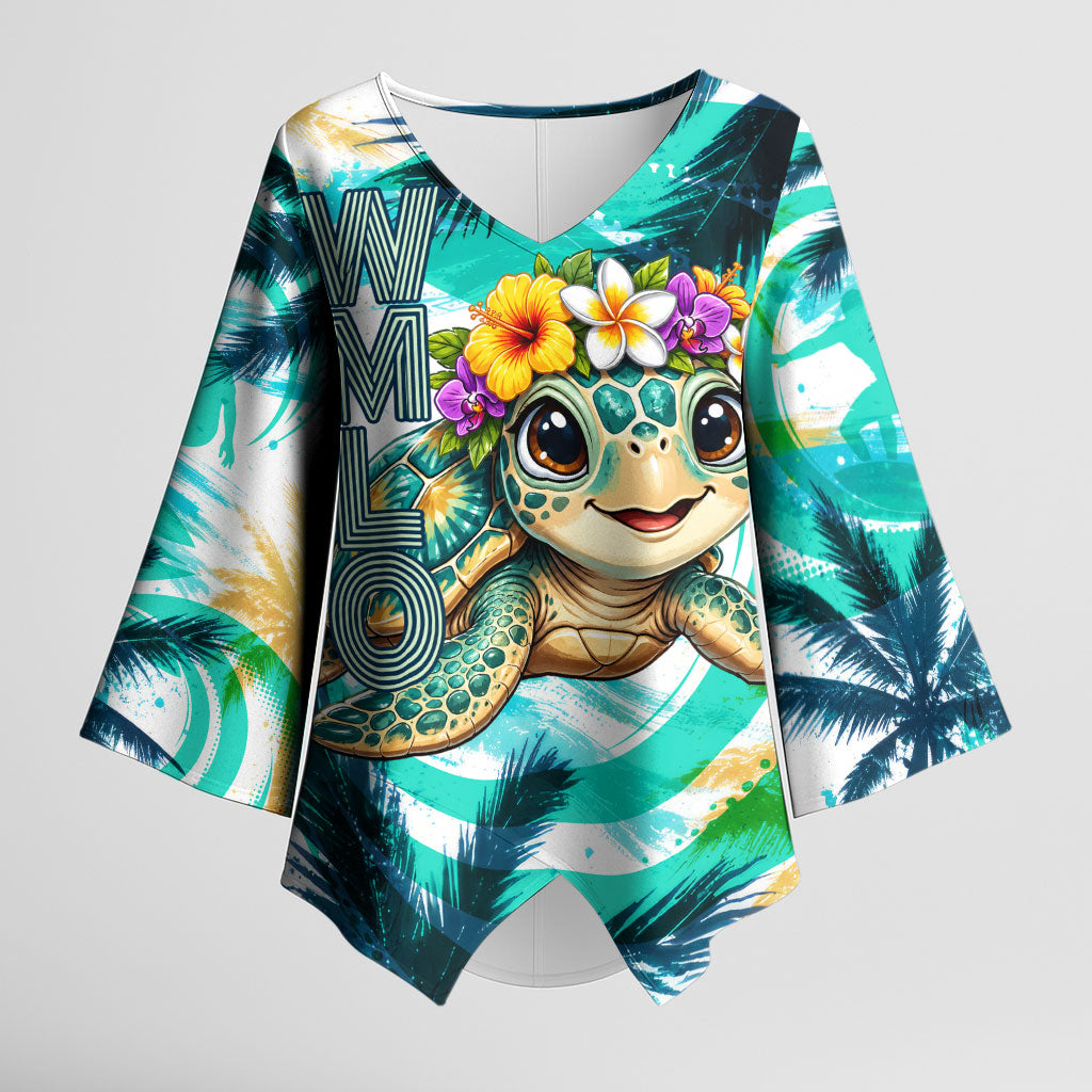 Hawaii Waimanalo Sea Turtle Kimono Sleeve Blouse Cute Tropical Beach Aloha Spirit Cartoon TS04 Female Green Blue - Polynesian Pride