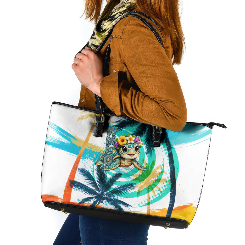 Hawaii Waimanalo Sea Turtle Leather Tote Bag Cute Tropical Beach Aloha Spirit Cartoon TS04 Green Blue - Polynesian Pride