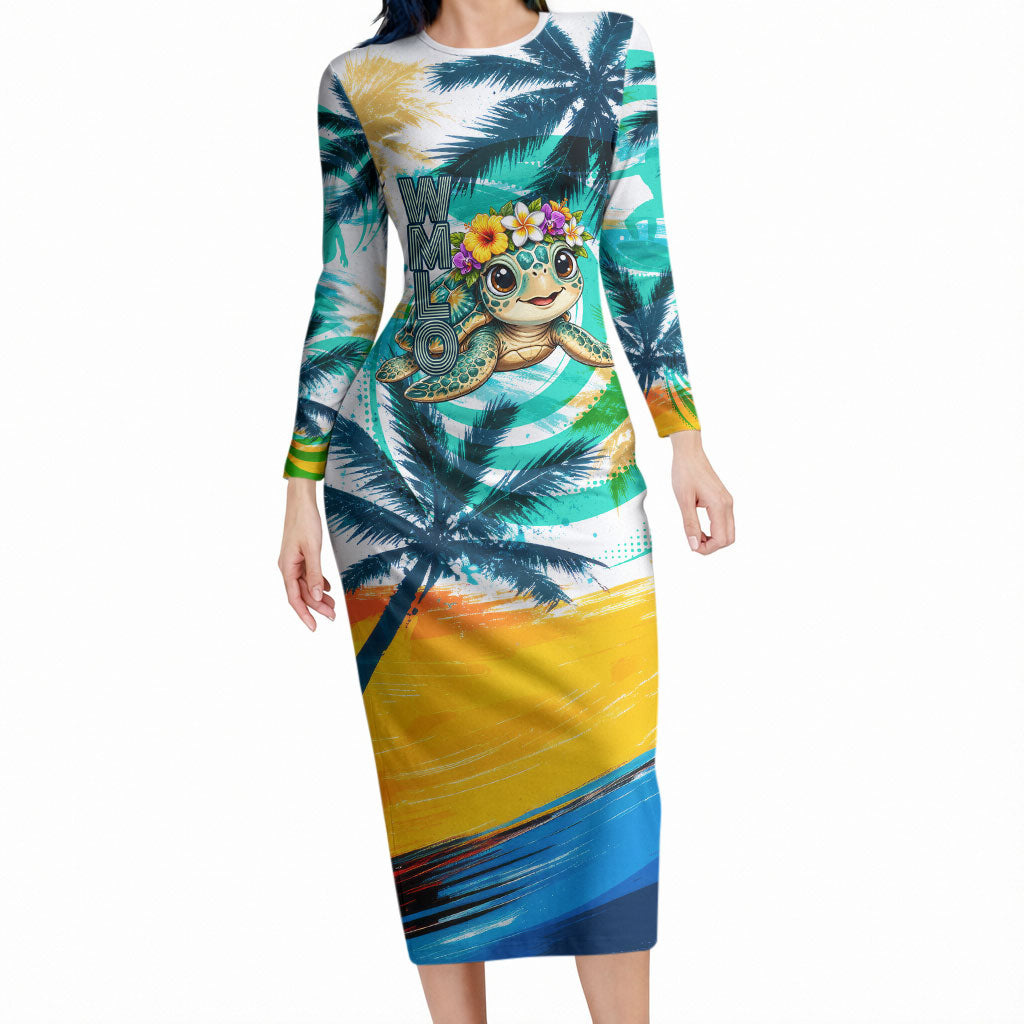 Hawaii Waimanalo Sea Turtle Long Sleeve Bodycon Dress Cute Tropical Beach Aloha Spirit Cartoon TS04 Long Dress Green Blue - Polynesian Pride