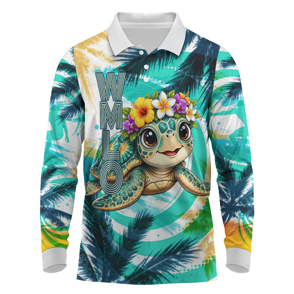 Hawaii Waimanalo Sea Turtle Long Sleeve Polo Shirt Cute Tropical Beach Aloha Spirit Cartoon TS04 Green Blue - Polynesian Pride