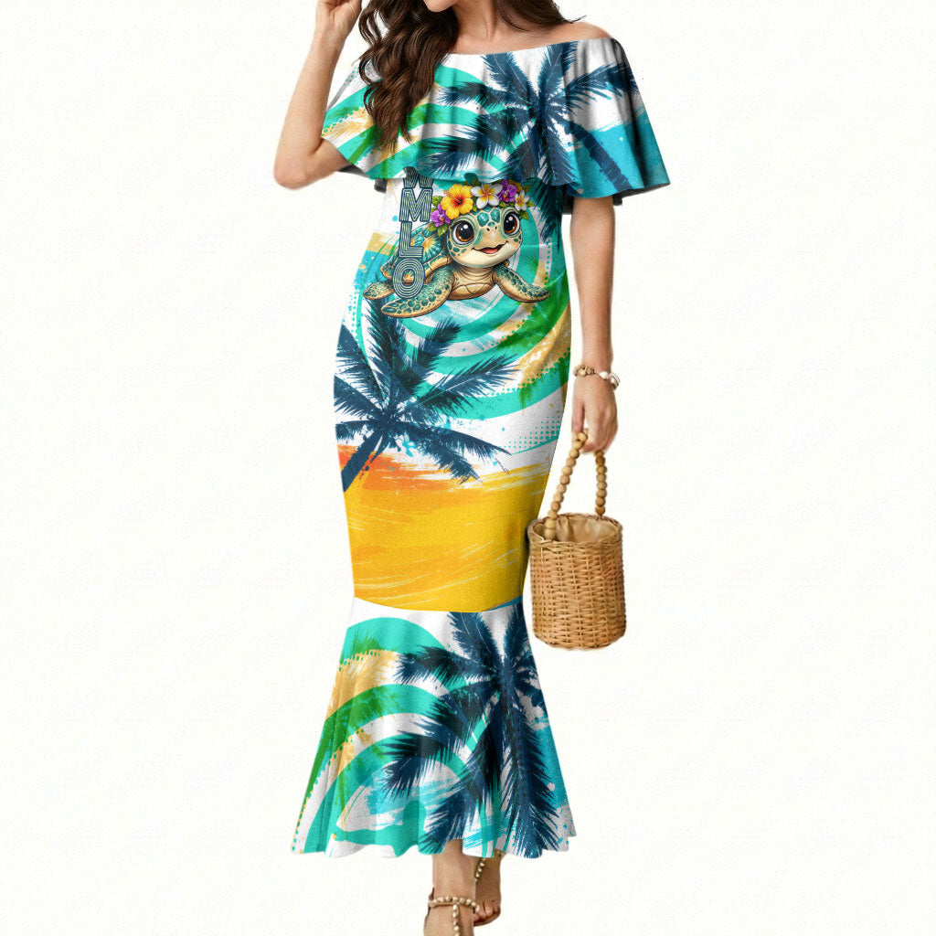 Hawaii Waimanalo Sea Turtle Mermaid Dress Cute Tropical Beach Aloha Spirit Cartoon TS04 Women Green Blue - Polynesian Pride