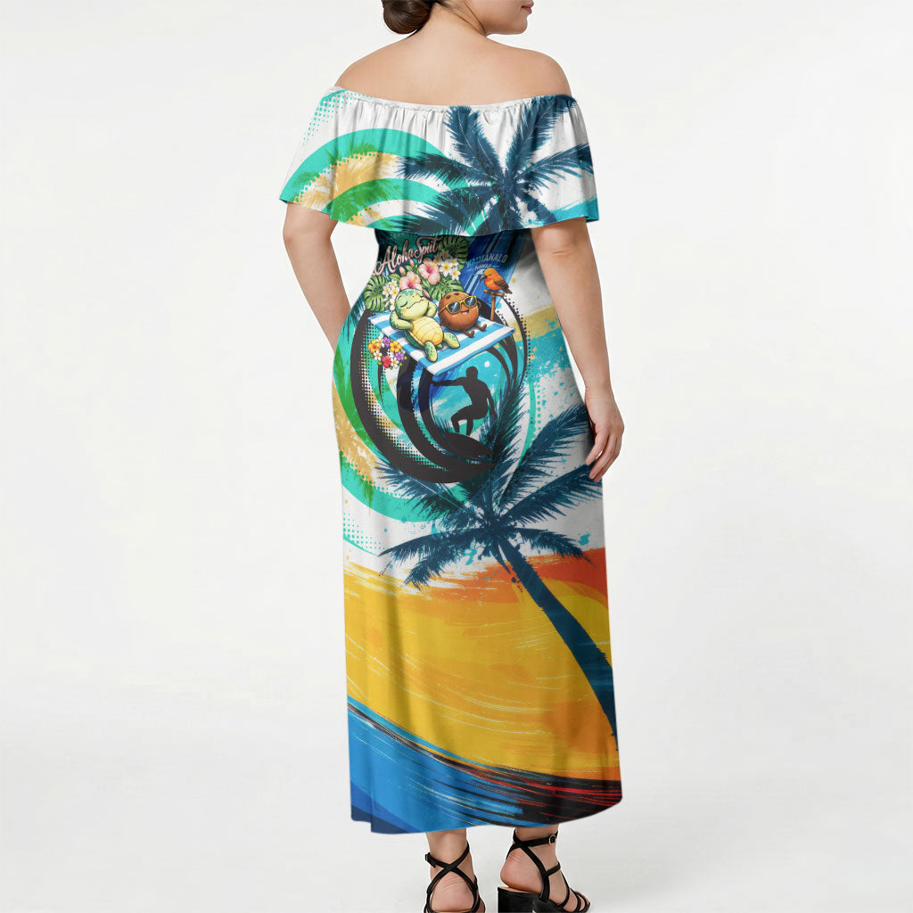 Hawaii Waimanalo Sea Turtle Off Shoulder Maxi Dress Cute Tropical Beach Aloha Spirit Cartoon TS04 - Polynesian Pride