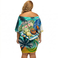 Hawaii Waimanalo Sea Turtle Off Shoulder Short Dress Cute Tropical Beach Aloha Spirit Cartoon TS04 - Polynesian Pride