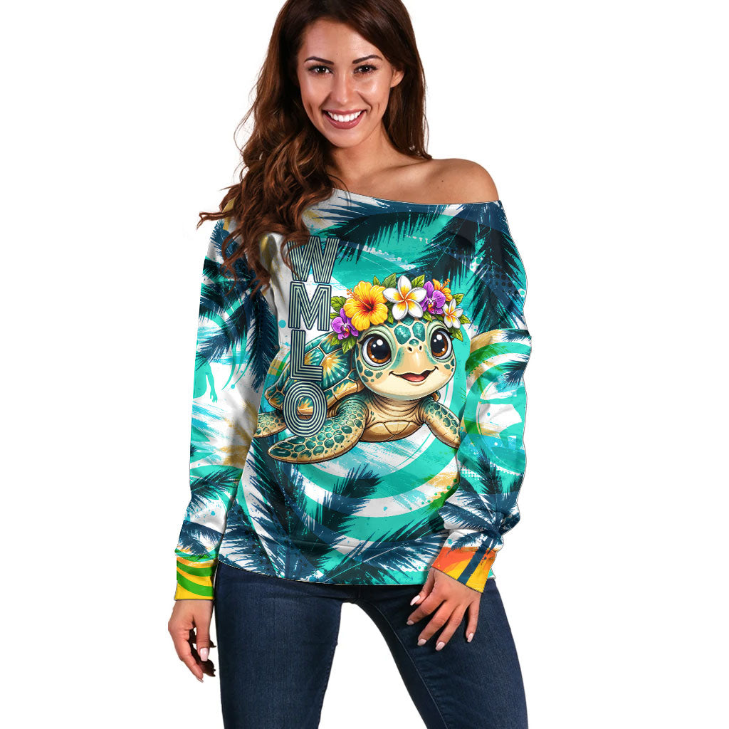 Hawaii Waimanalo Sea Turtle Off Shoulder Sweater Cute Tropical Beach Aloha Spirit Cartoon TS04 Women Green Blue - Polynesian Pride