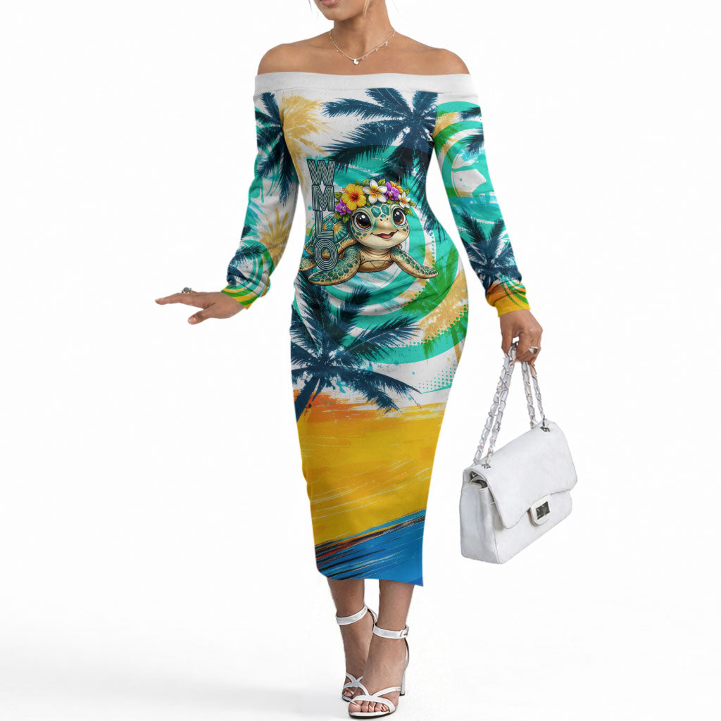 Hawaii Waimanalo Sea Turtle Off The Shoulder Long Sleeve Dress Cute Tropical Beach Aloha Spirit Cartoon TS04 Women Green Blue - Polynesian Pride