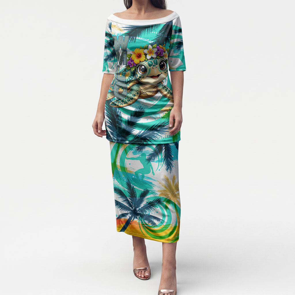 Hawaii Waimanalo Sea Turtle Puletasi Cute Tropical Beach Aloha Spirit Cartoon TS04 Long Dress Green Blue - Polynesian Pride