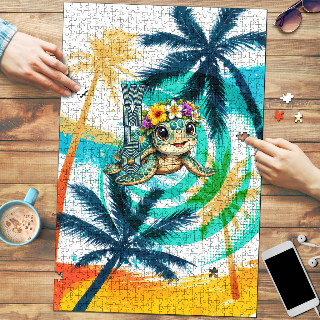 Hawaii Waimanalo Sea Turtle Puzzle Cute Tropical Beach Aloha Spirit Cartoon TS04 Green Blue - Polynesian Pride