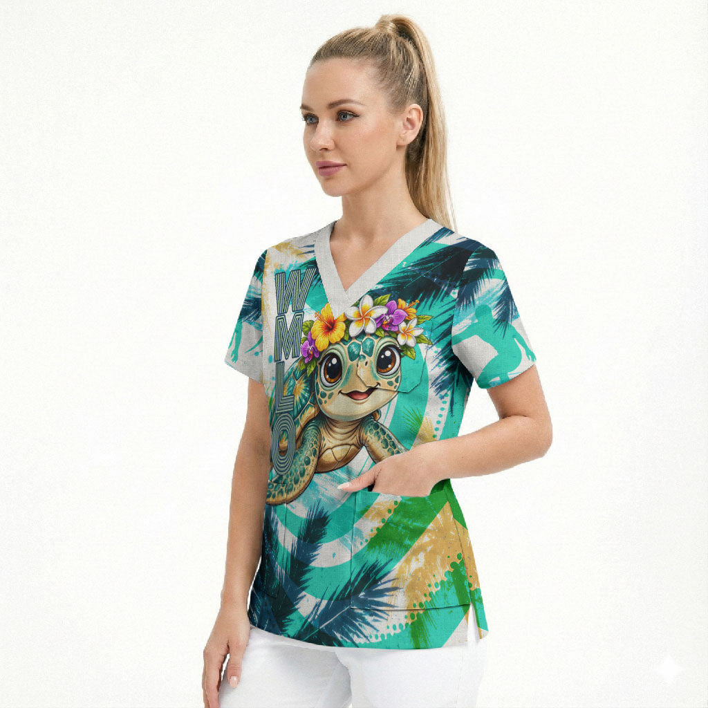 Hawaii Waimanalo Sea Turtle Scrub Top Cute Tropical Beach Aloha Spirit Cartoon TS04 - Polynesian Pride
