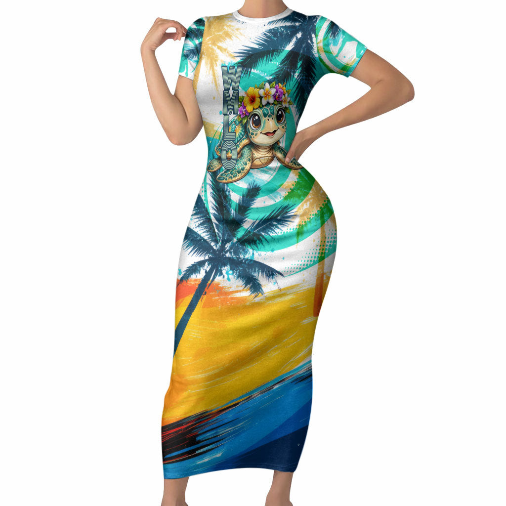 Hawaii Waimanalo Sea Turtle Short Sleeve Bodycon Dress Cute Tropical Beach Aloha Spirit Cartoon TS04 Long Dress Green Blue - Polynesian Pride