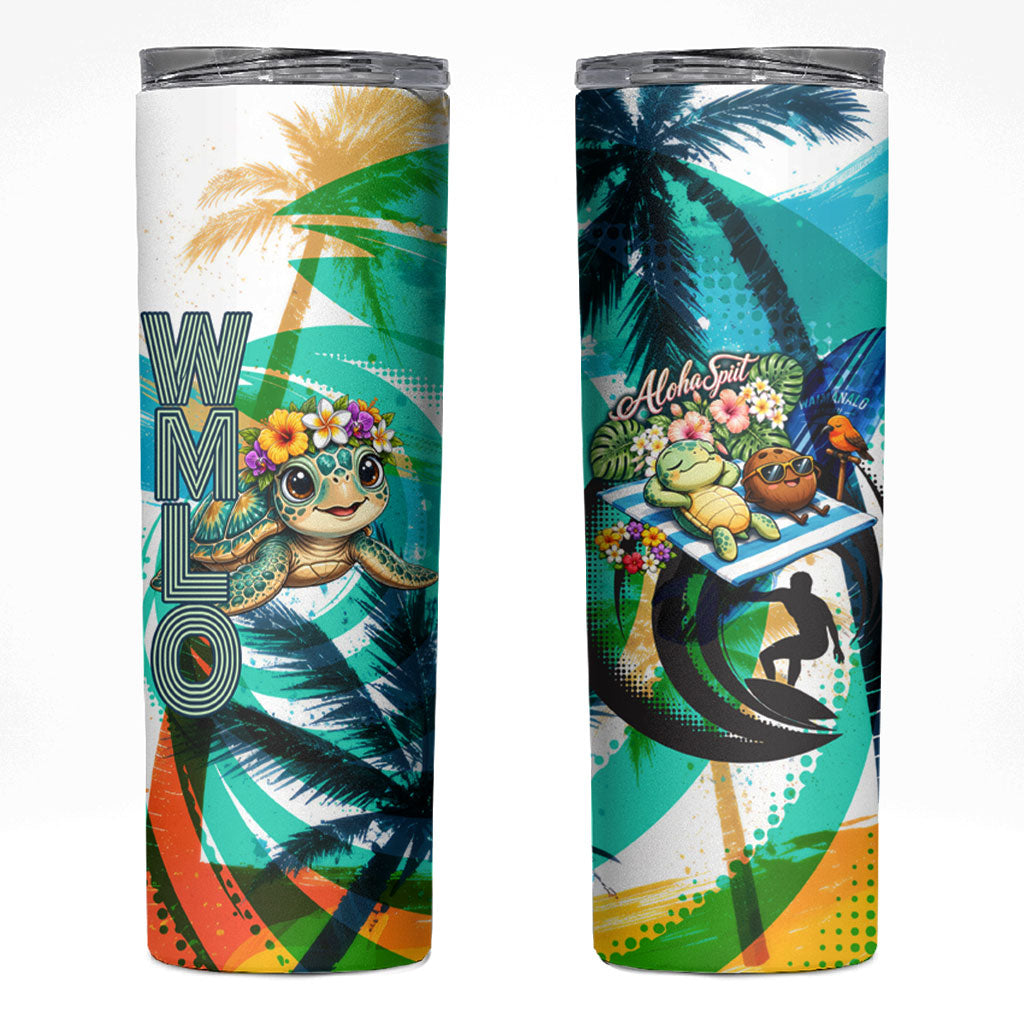 Hawaii Waimanalo Sea Turtle Skinny Tumbler Cute Tropical Beach Aloha Spirit Cartoon TS04 Green Blue - Polynesian Pride