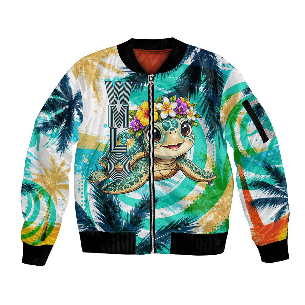 Hawaii Waimanalo Sea Turtle Sleeve Zip Bomber Jacket Cute Tropical Beach Aloha Spirit Cartoon TS04 Unisex Green Blue - Polynesian Pride