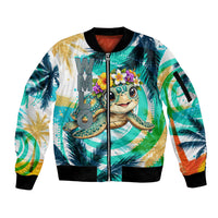 Hawaii Waimanalo Sea Turtle Sleeve Zip Bomber Jacket Cute Tropical Beach Aloha Spirit Cartoon TS04 Unisex Green Blue - Polynesian Pride