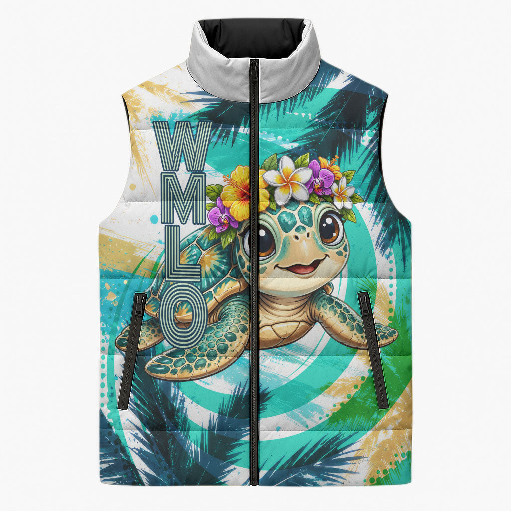 Hawaii Waimanalo Sea Turtle Sleeveless Puffer Jacket Cute Tropical Beach Aloha Spirit Cartoon TS04 Unisex Green Blue - Polynesian Pride