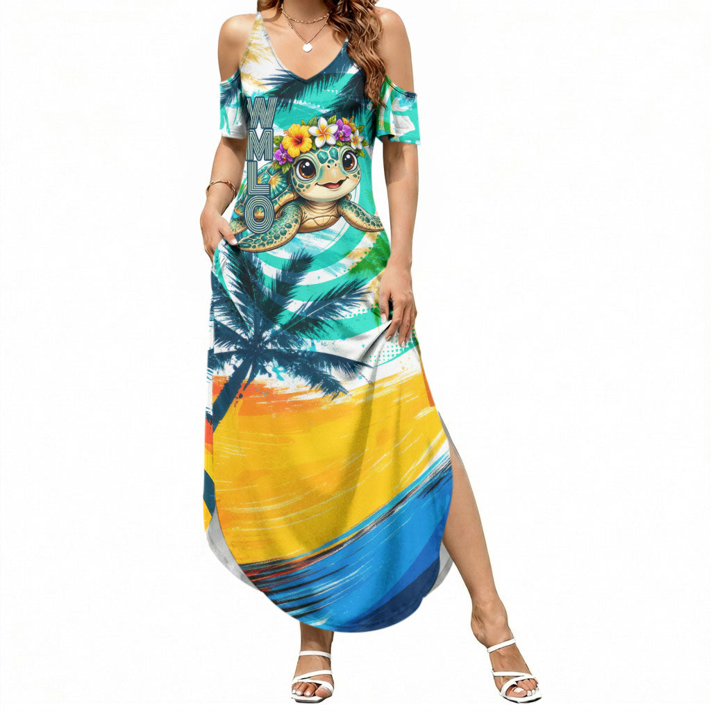 Hawaii Waimanalo Sea Turtle Summer Maxi Dress Cute Tropical Beach Aloha Spirit Cartoon TS04 Women Green Blue - Polynesian Pride
