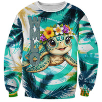 Hawaii Waimanalo Sea Turtle Sweatshirt Cute Tropical Beach Aloha Spirit Cartoon TS04 Unisex Green Blue - Polynesian Pride