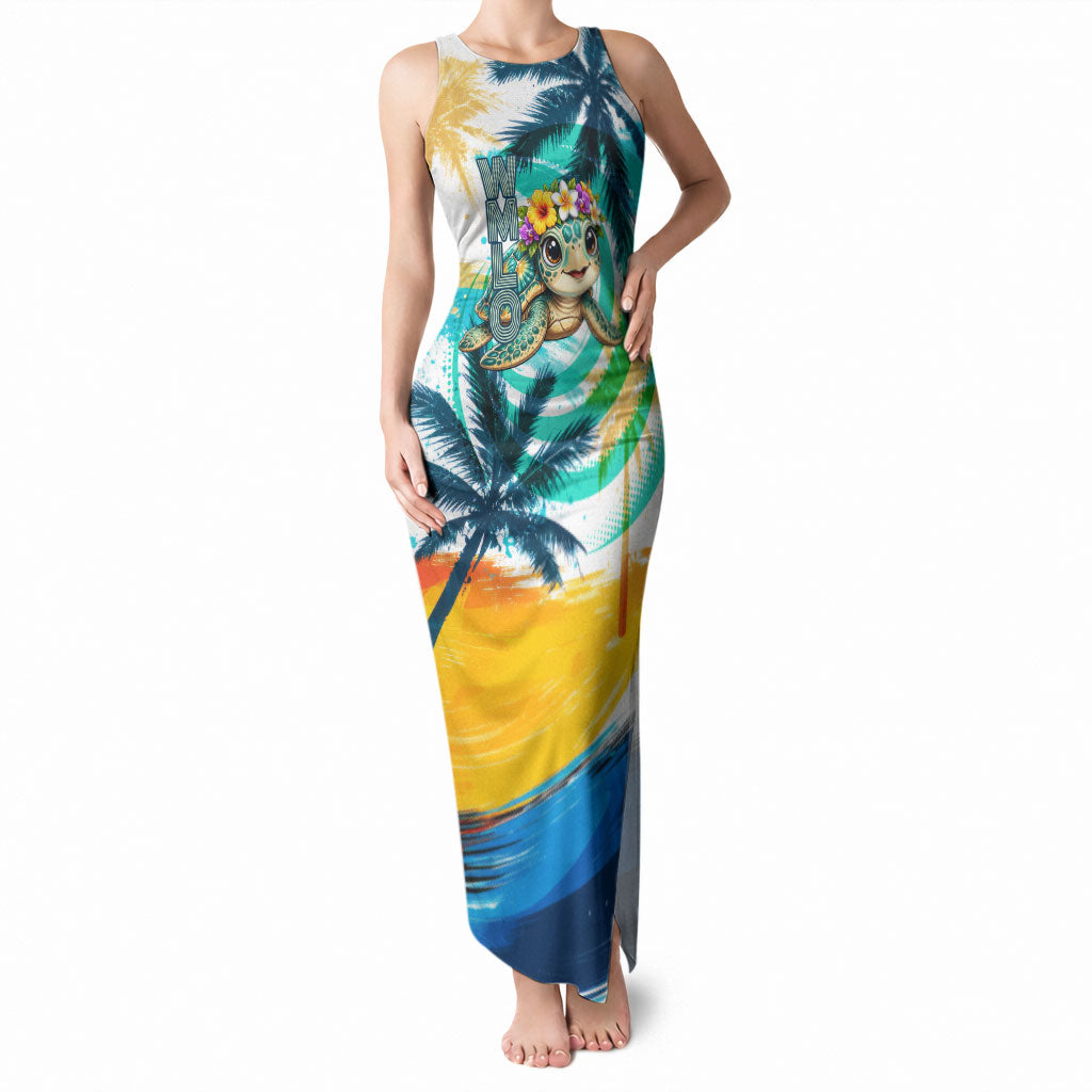 Hawaii Waimanalo Sea Turtle Tank Maxi Dress Cute Tropical Beach Aloha Spirit Cartoon TS04 Women Green Blue - Polynesian Pride