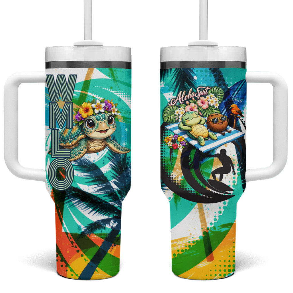 Hawaii Waimanalo Sea Turtle Tumbler With Handle Cute Tropical Beach Aloha Spirit Cartoon TS04 One Size: 40 oz Green Blue - Polynesian Pride