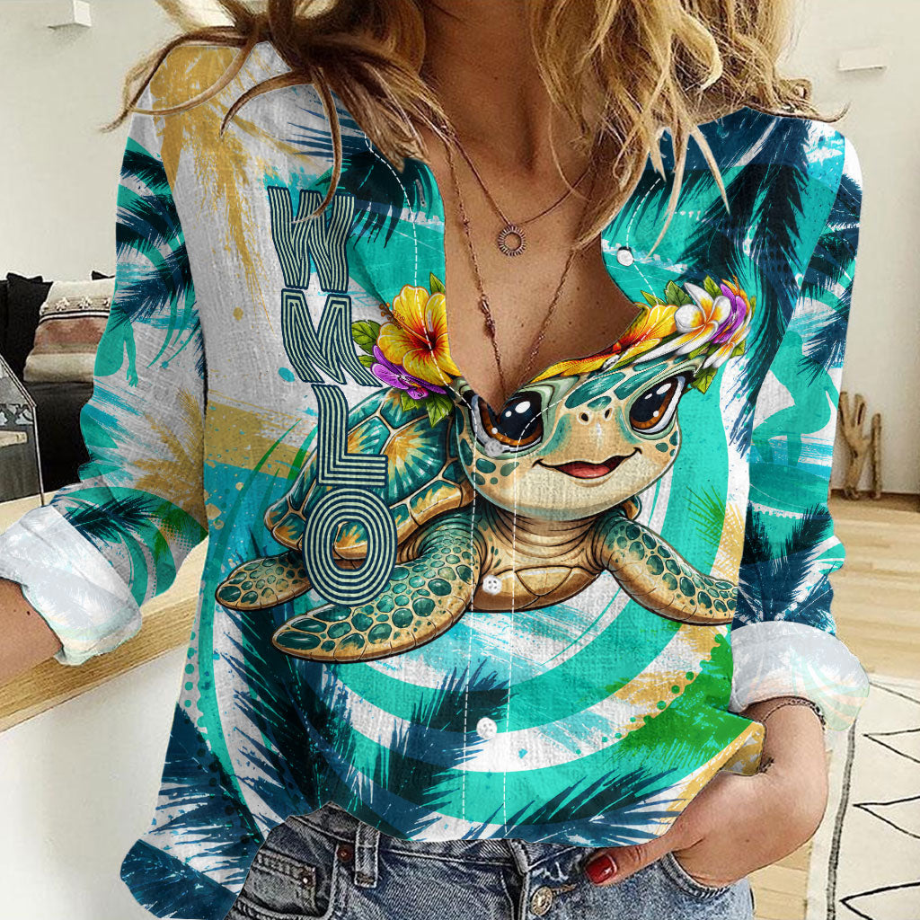 Hawaii Waimanalo Sea Turtle Women Casual Shirt Cute Tropical Beach Aloha Spirit Cartoon TS04 Female Green Blue - Polynesian Pride