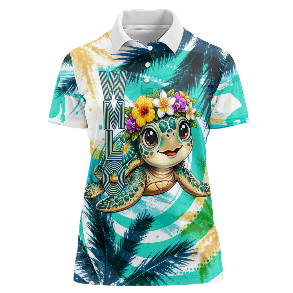 Hawaii Waimanalo Sea Turtle Women Polo Shirt Cute Tropical Beach Aloha Spirit Cartoon TS04 Female Green Blue - Polynesian Pride