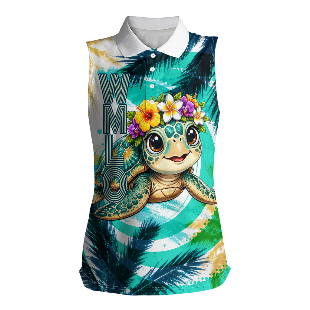 Hawaii Waimanalo Sea Turtle Women Sleeveless Polo Shirt Cute Tropical Beach Aloha Spirit Cartoon TS04 Female Green Blue - Polynesian Pride