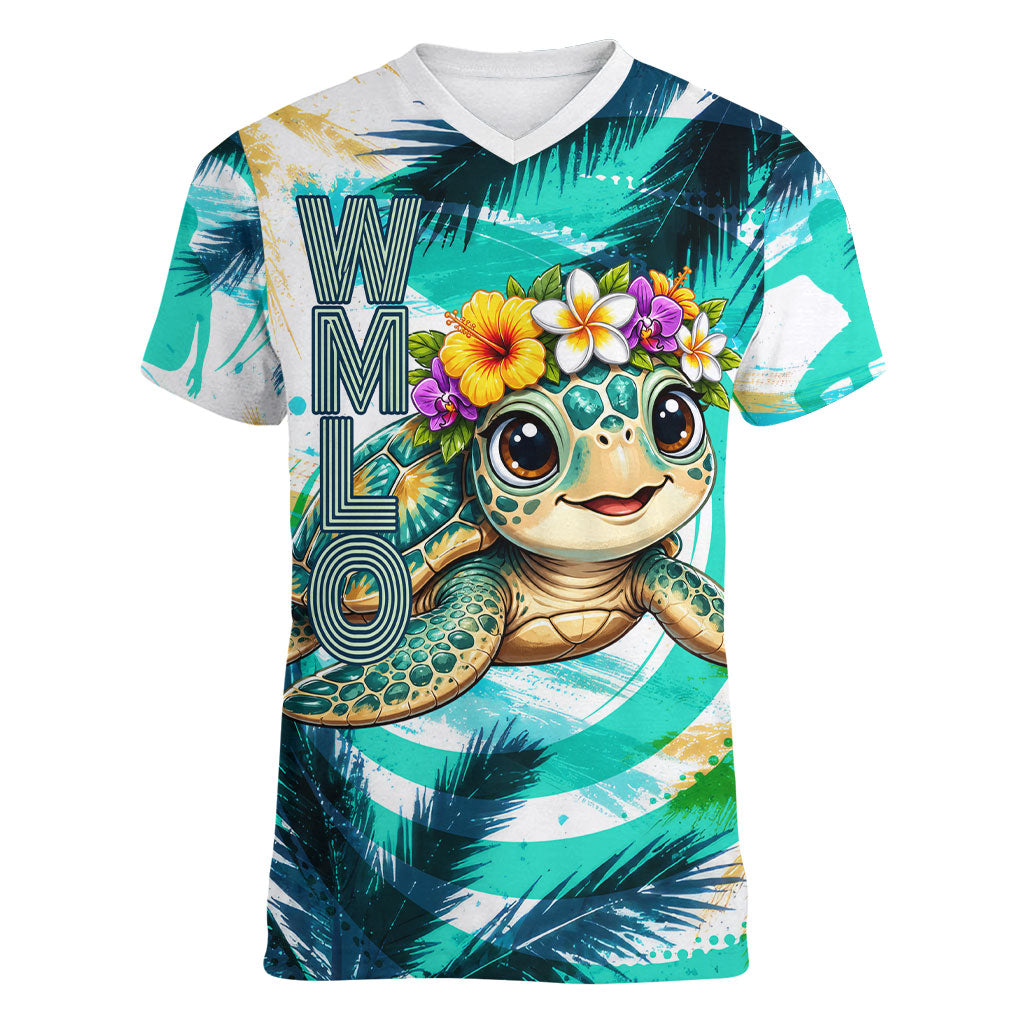 Hawaii Waimanalo Sea Turtle Women V-Neck T-Shirt Cute Tropical Beach Aloha Spirit Cartoon TS04 Female Green Blue - Polynesian Pride