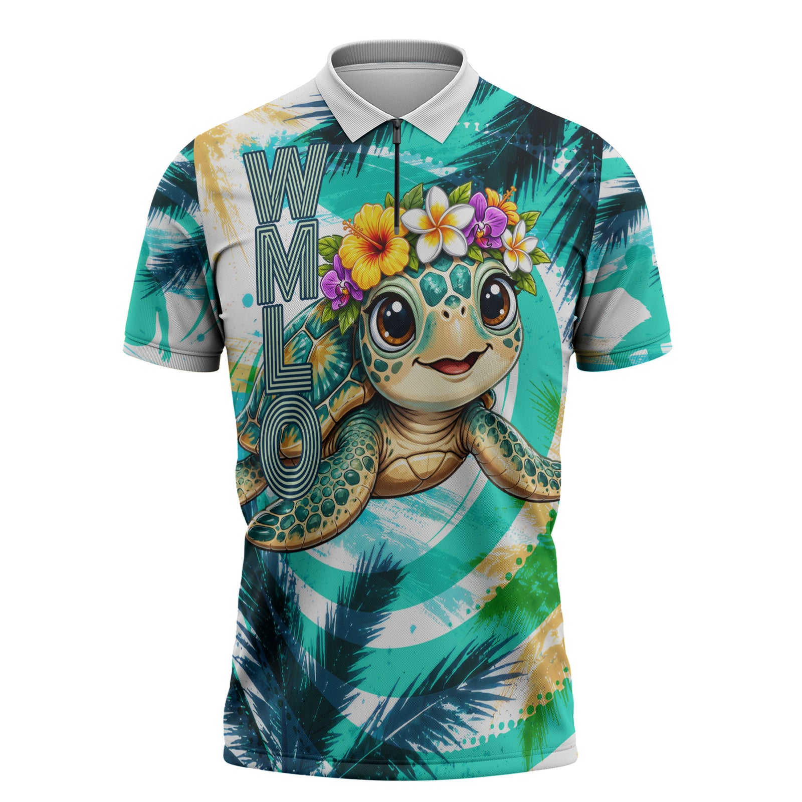 Hawaii Waimanalo Sea Turtle Zipper Polo Shirt Cute Tropical Beach Aloha Spirit Cartoon TS04 Green Blue - Polynesian Pride