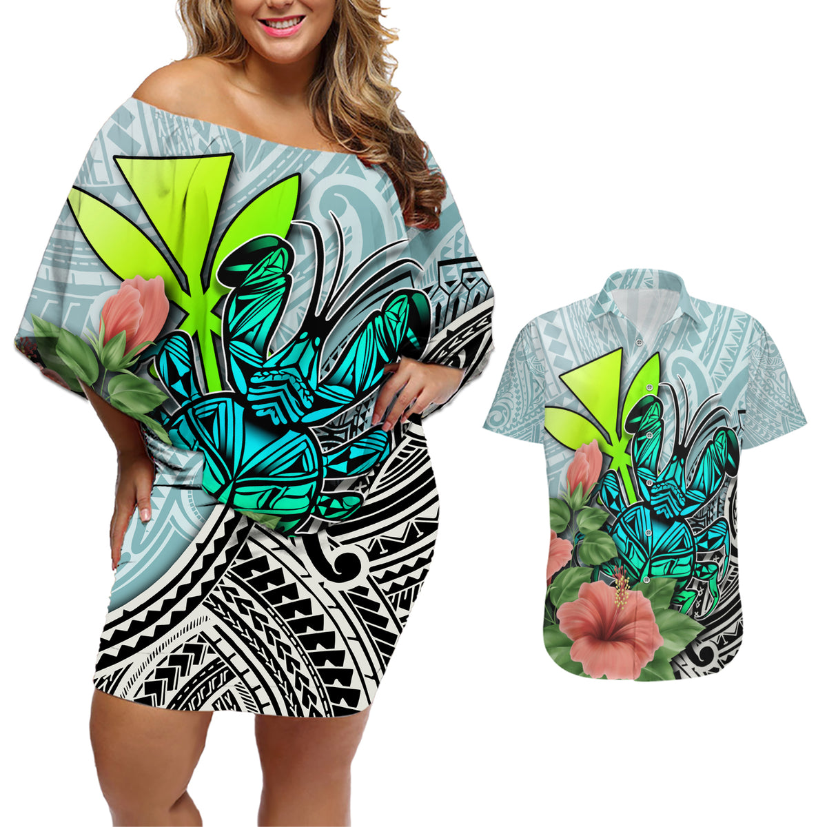 Polynesian Hawaii Couples Matching Off Shoulder Short Dress and Hawaiian Shirt Kanaka with Crab Tribal tattoo TS04 Multicolor - Polynesian Pride