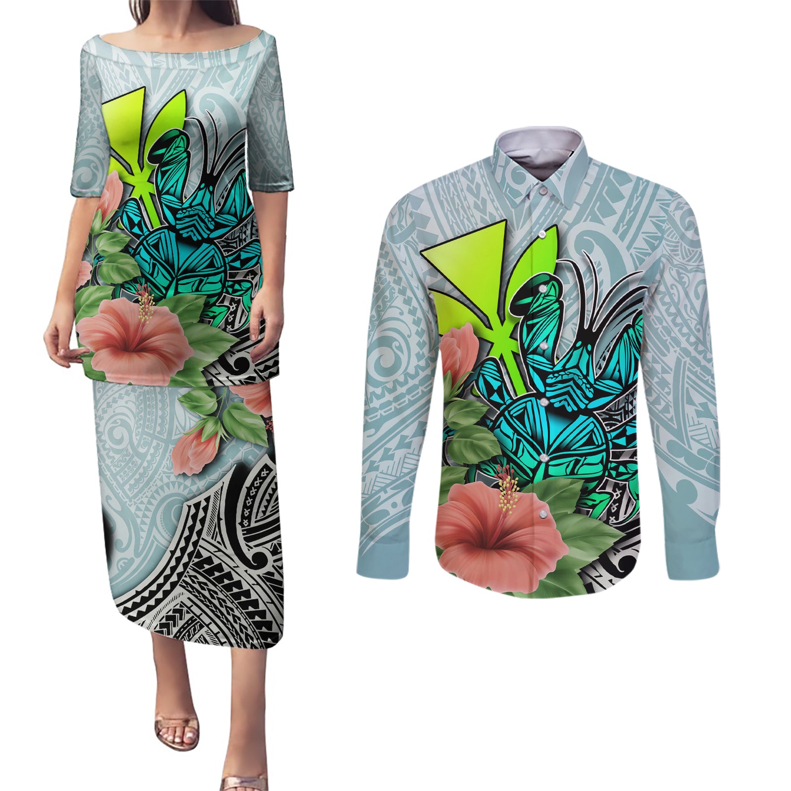 Polynesian Hawaii Couples Matching Puletasi Dress and Long Sleeve Button Shirt Kanaka with Crab Tribal tattoo TS04 Multicolor - Polynesian Pride