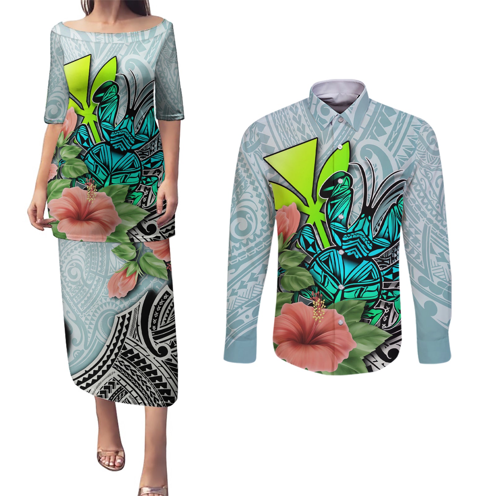 Polynesian Hawaii Couples Matching Puletasi Dress and Long Sleeve Button Shirt Kanaka with Crab Tribal tattoo TS04 Multicolor - Polynesian Pride