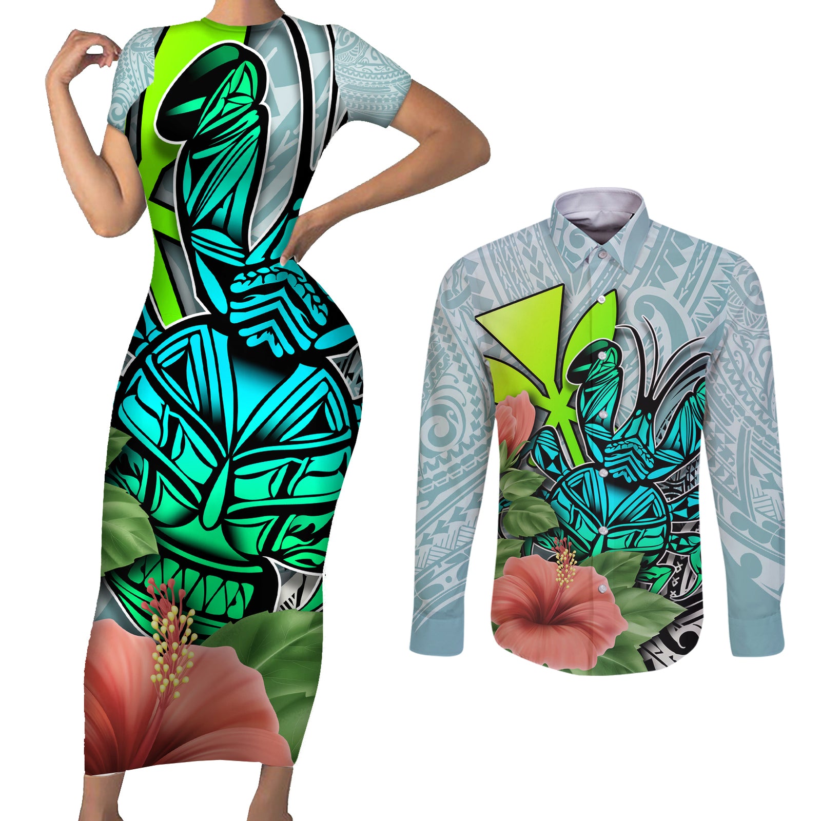 Polynesian Hawaii Couples Matching Short Sleeve Bodycon Dress and Long Sleeve Button Shirt Kanaka with Crab Tribal tattoo TS04 Multicolor - Polynesian Pride