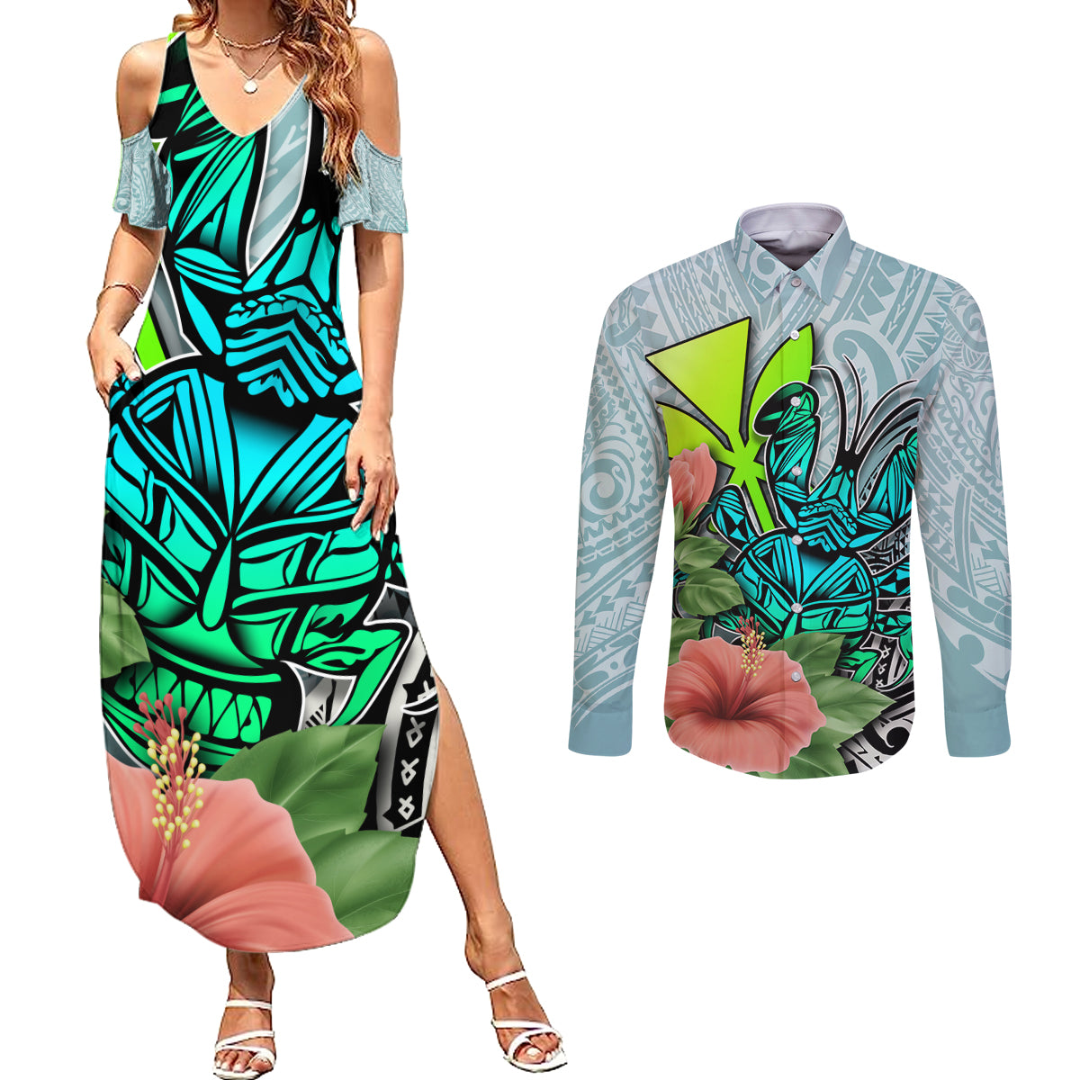 Polynesian Hawaii Couples Matching Summer Maxi Dress and Long Sleeve Button Shirt Kanaka with Crab Tribal tattoo TS04 Multicolor - Polynesian Pride