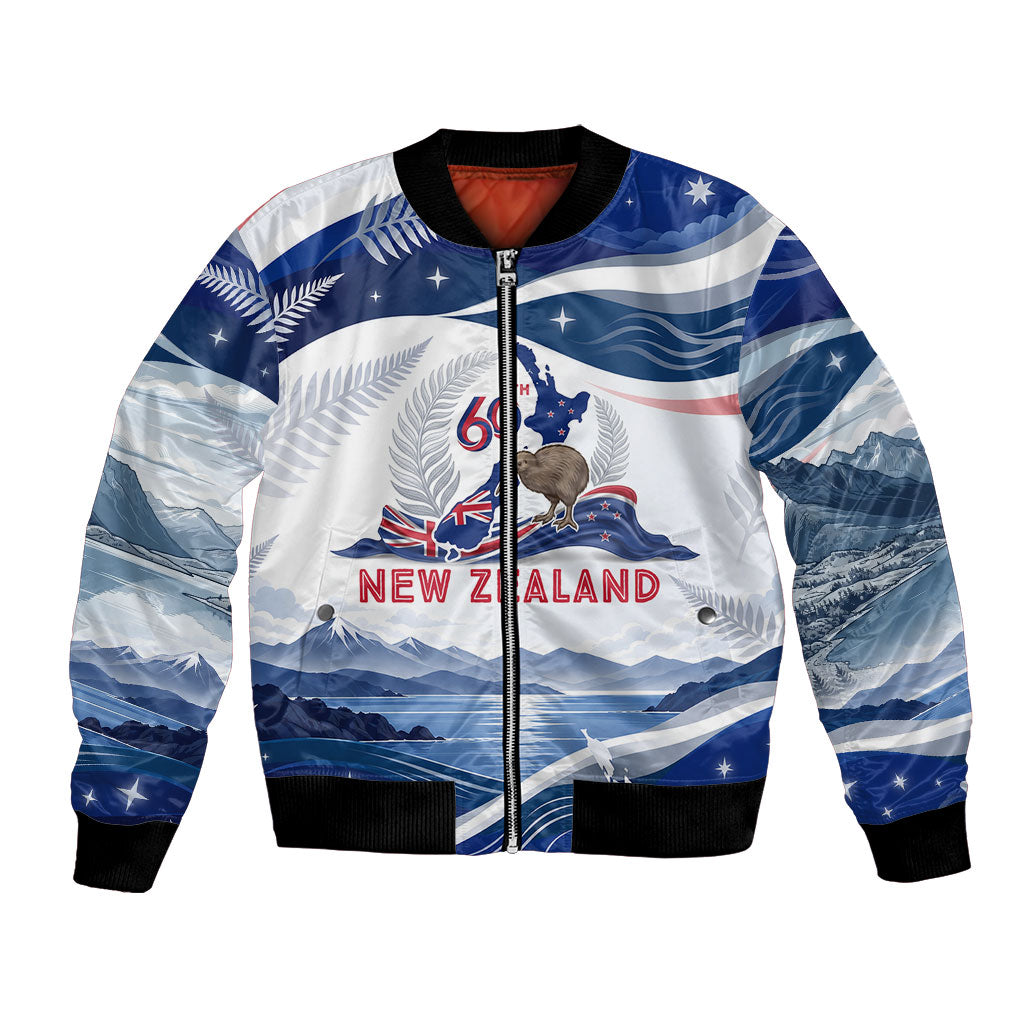 Personalized New Zealand 60th Birthday Bomber Jacket Silver Fern Kiwi Bird Coat Of Arms Flag Graphic Art TS04 Unisex Blue White - Polynesian Pride