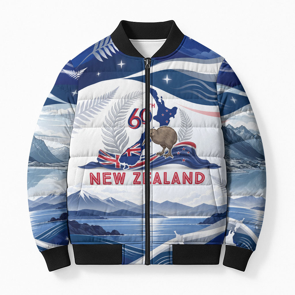 Personalized New Zealand 60th Birthday Bomber Puffer Jacket Silver Fern Kiwi Bird Coat Of Arms Flag Graphic Art TS04 Unisex Blue White - Polynesian Pride