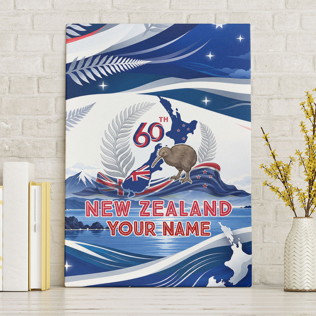 Personalized New Zealand 60th Birthday Canvas Wall Art Silver Fern Kiwi Bird Coat Of Arms Flag Graphic Art TS04 Without Frame Blue White - Polynesian Pride