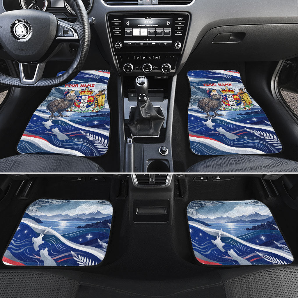 Personalized New Zealand 60th Birthday Car Mats Silver Fern Kiwi Bird Coat Of Arms Flag Graphic Art TS04 Set 4pcs Blue White - Polynesian Pride