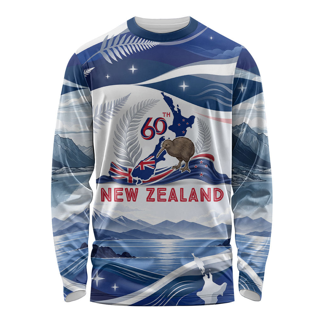 Personalized New Zealand 60th Birthday Long Sleeve Shirt Silver Fern Kiwi Bird Coat Of Arms Flag Graphic Art TS04 Unisex Blue White - Polynesian Pride