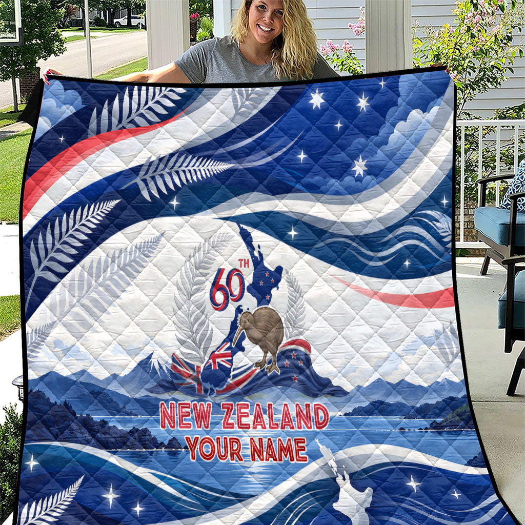 Personalized New Zealand 60th Birthday Quilt Silver Fern Kiwi Bird Coat Of Arms Flag Graphic Art TS04 Blue White - Polynesian Pride